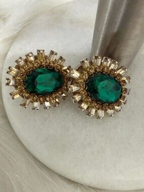 Emerald Green Crystal Halo Statement Earrings - Gold Tone Vintage suede back